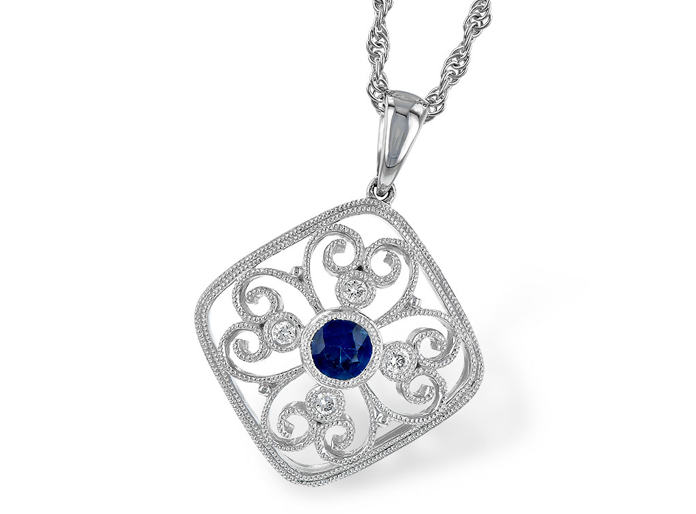 sapphire pendant, sapphire diamond pendant, filigree 