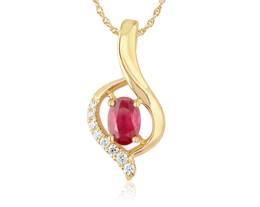 ruby pendant, ruby mecklace, ruby diamond pendant, yellow gold ruby diamond pendant, kluh jewelers